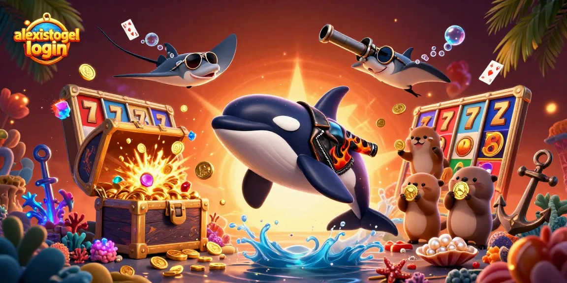 Masuk ke dunia ALEXISTOGEL login dengan ilustrasi kartun orca, stingray, dan berang-berang mengumpulkan koin emas.