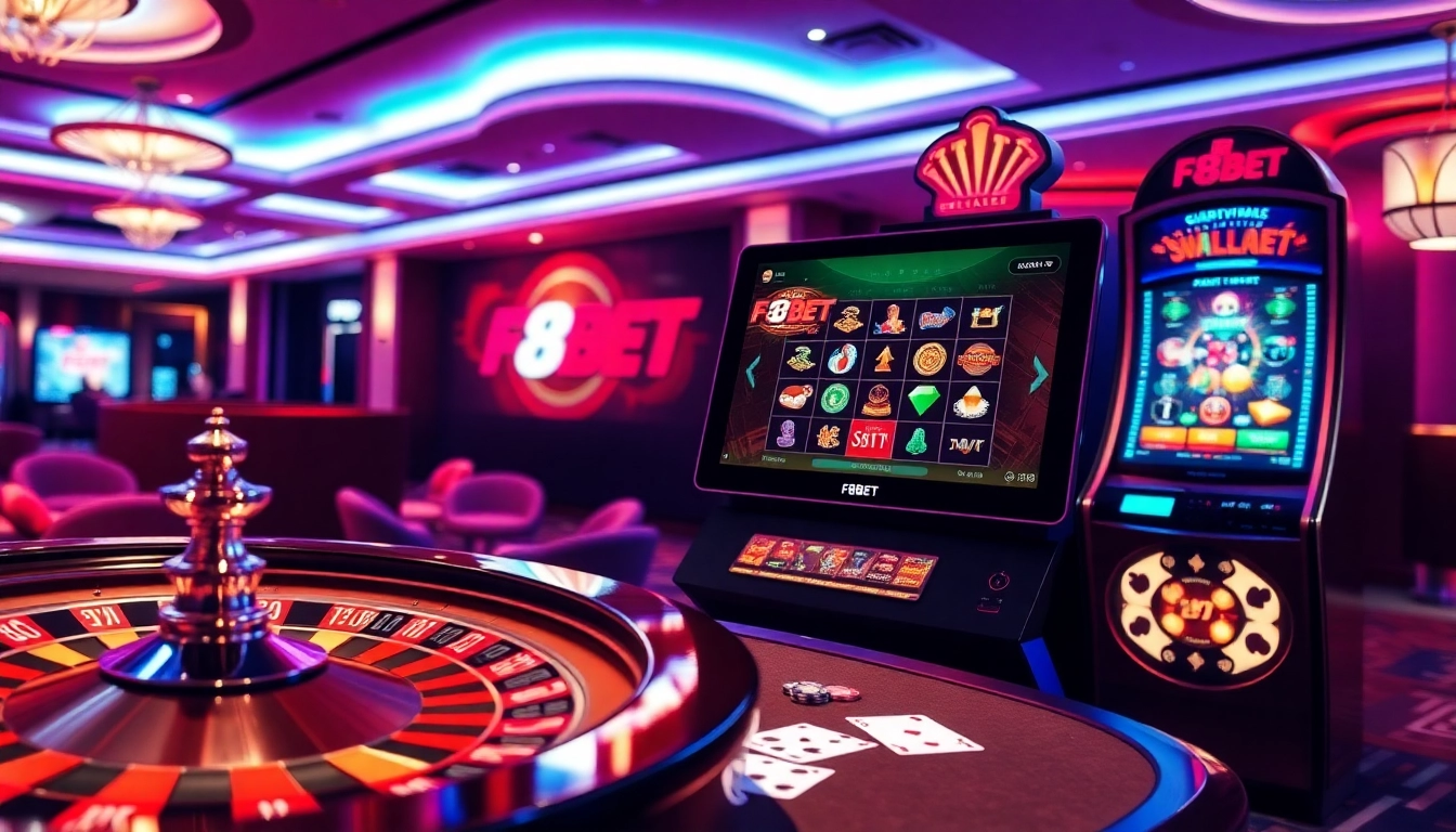 Experience the thrill of F8BET casino gaming with stylish roulette and poker elements.