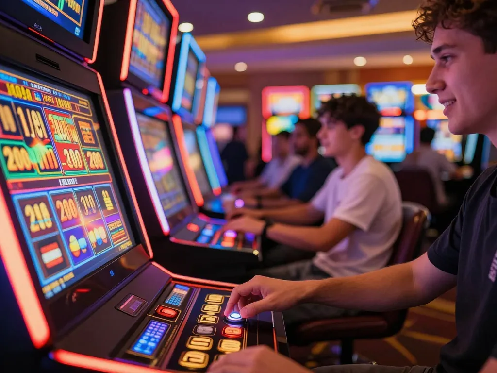 Exciting moment of a player pressing spin on a slot bet 200 machine in a bustling casino with colorful lights.