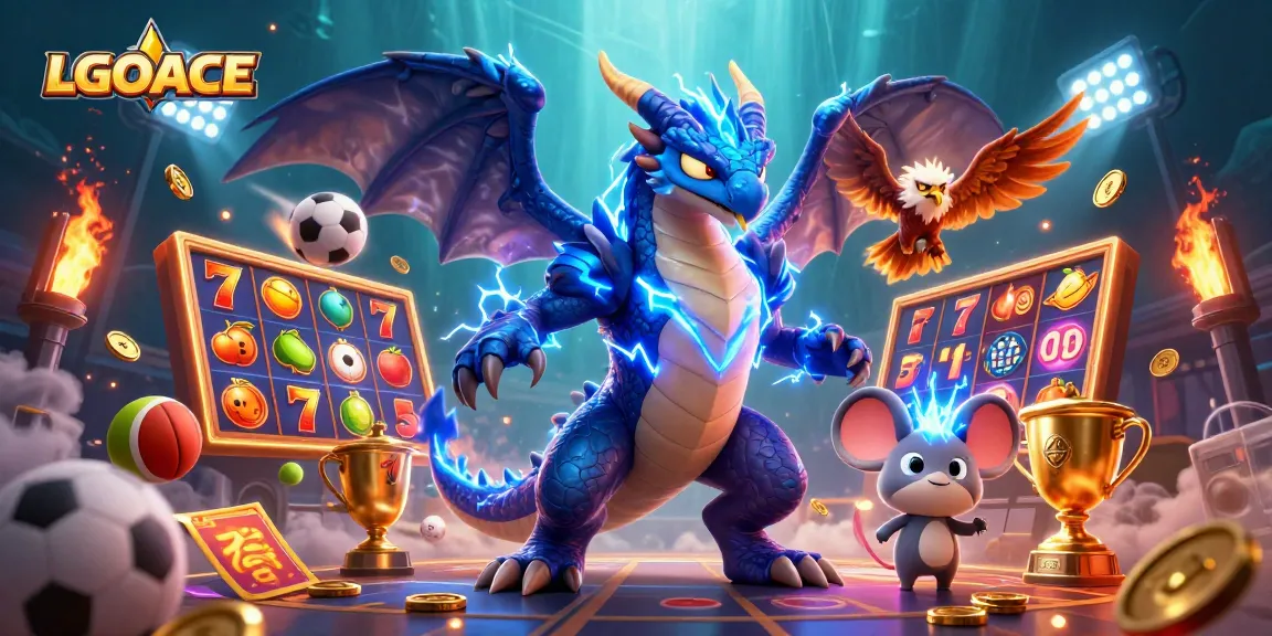 LGOACE game characters celebrating wins with slot reels against a dynamic casino backdrop