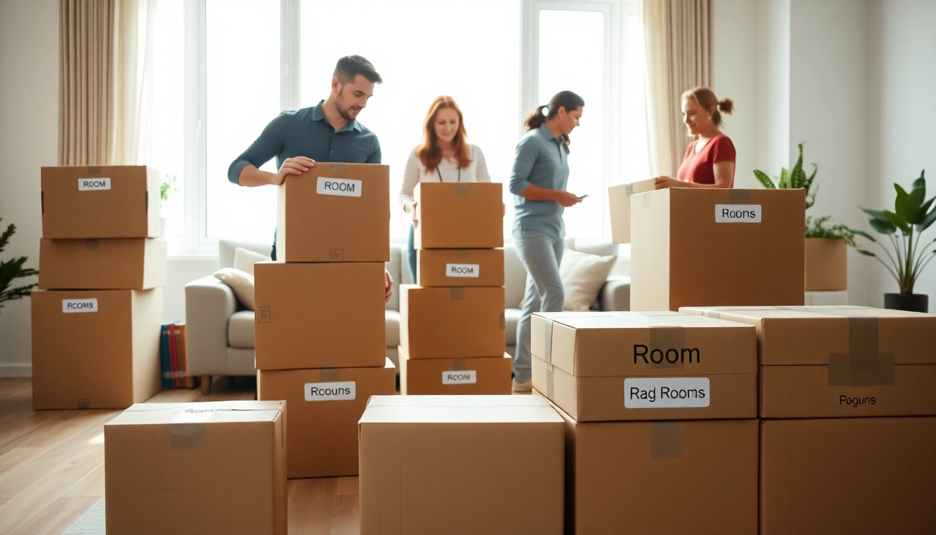 Cullen moving team efficiently packing boxes in a bright living room setting.