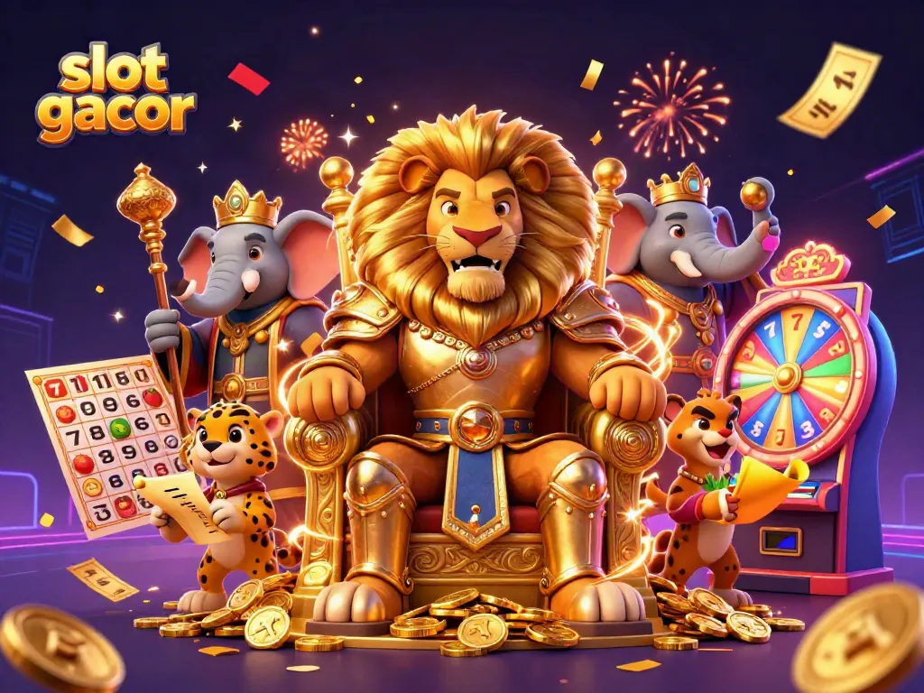 Spin and win big with slot gacor’s vibrant illustration featuring a royal lion king and dynamic casino elements.