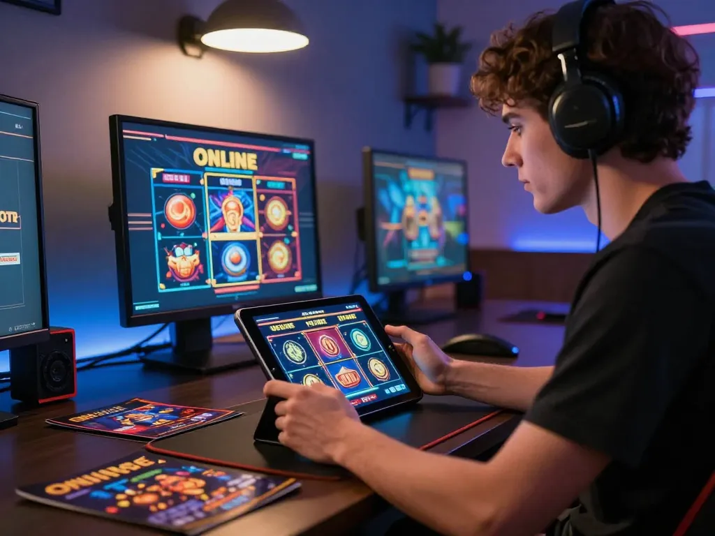 Engaging in a strategic gaming session with slot gacor malam ini on a modern tablet at home, highlighting focused gameplay.