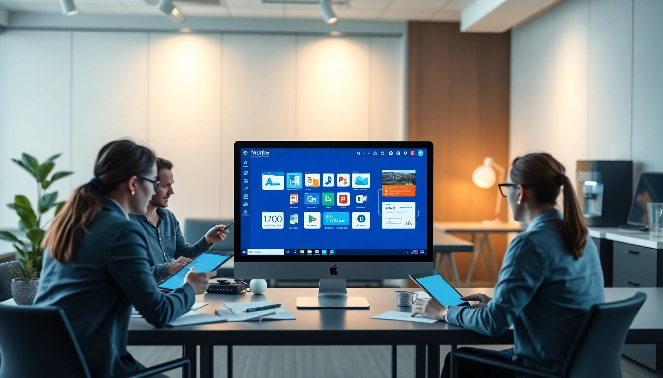 在现代工作区的电脑屏幕上显示的 WPS Office，专业人士正在协作。