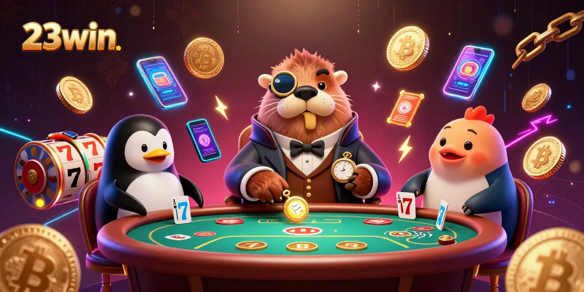 Experience thrilling poker action at 23win with a jolly walrus, penguin dealer, and blustering pufferfish amidst vibrant casino elements.
