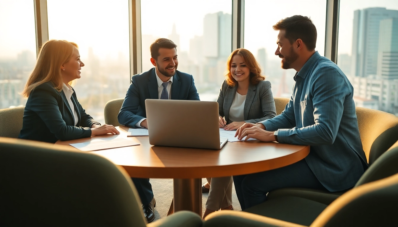 Luxembourg family holding discusses investments in a modern office setting with a city view.