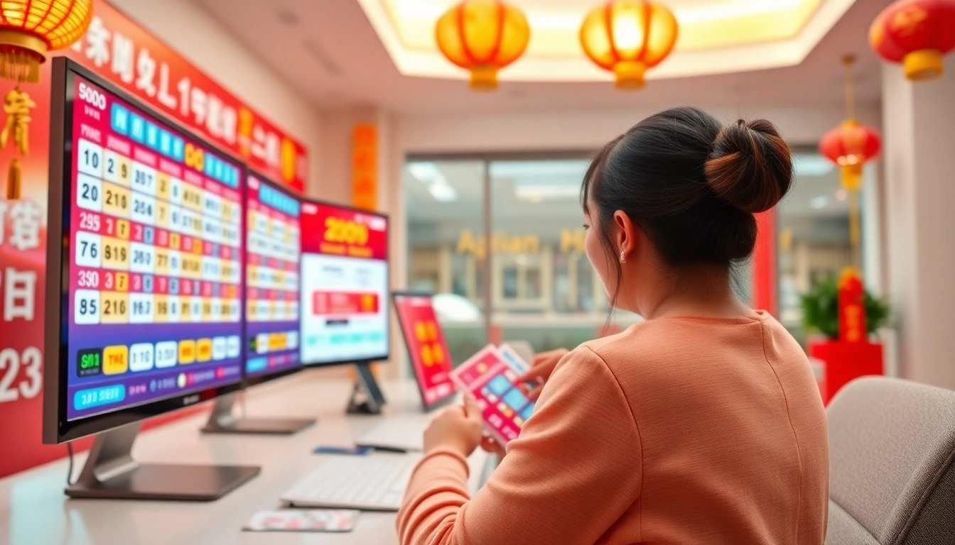 Bandar togel online dengan antarmuka digital yang cerah dan tiket lotre berwarna warni.