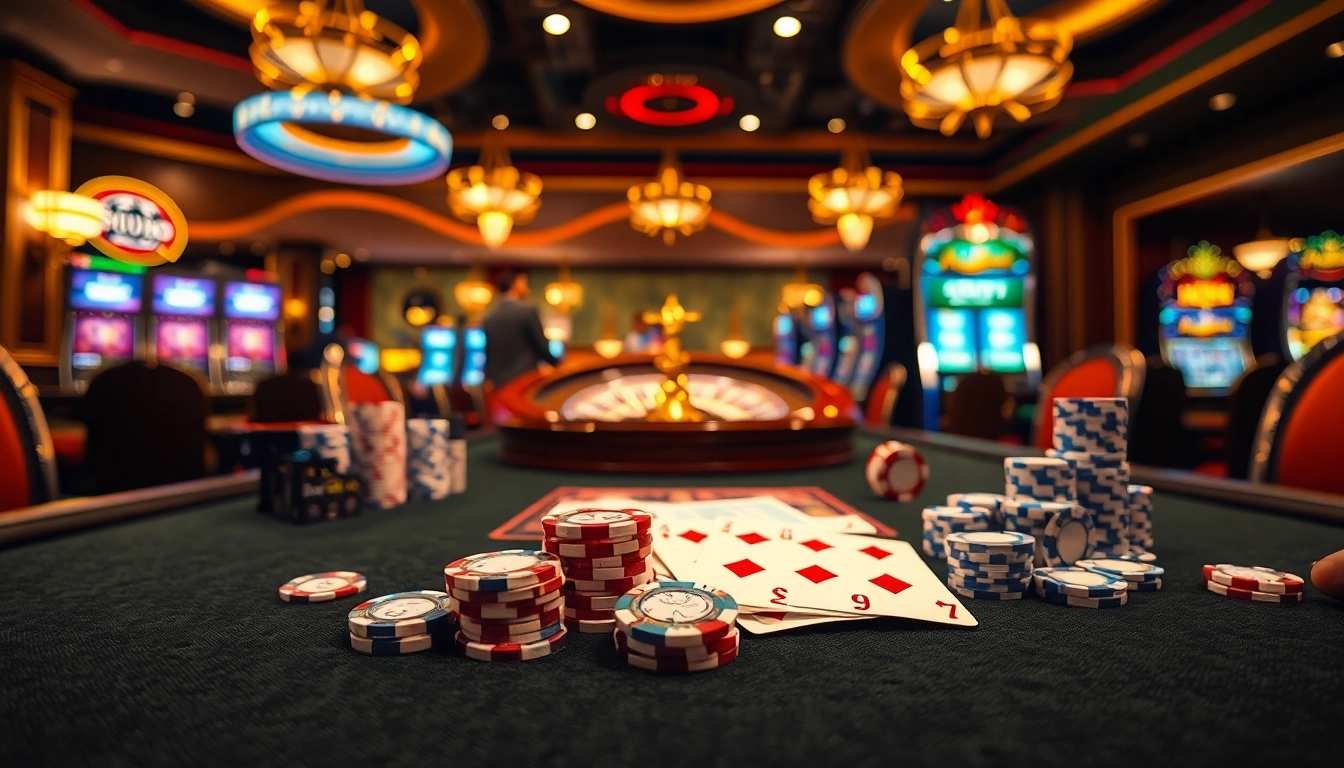 Experience thrilling gameplay at 222BD with vibrant poker chips and an elegant roulette wheel.