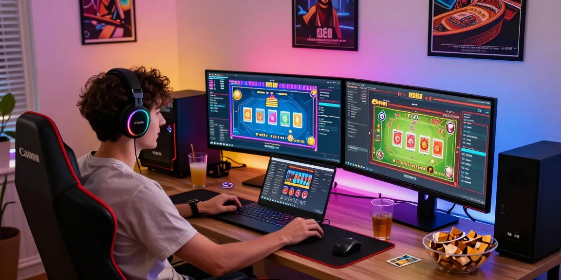 Exciting gameplay at mastercard casinos, vibrant home office with multiple screens and gaming setup.