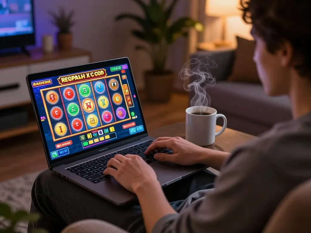 Engaged player spinning slot gacor reels at home, showcasing vibrant online gaming atmosphere
