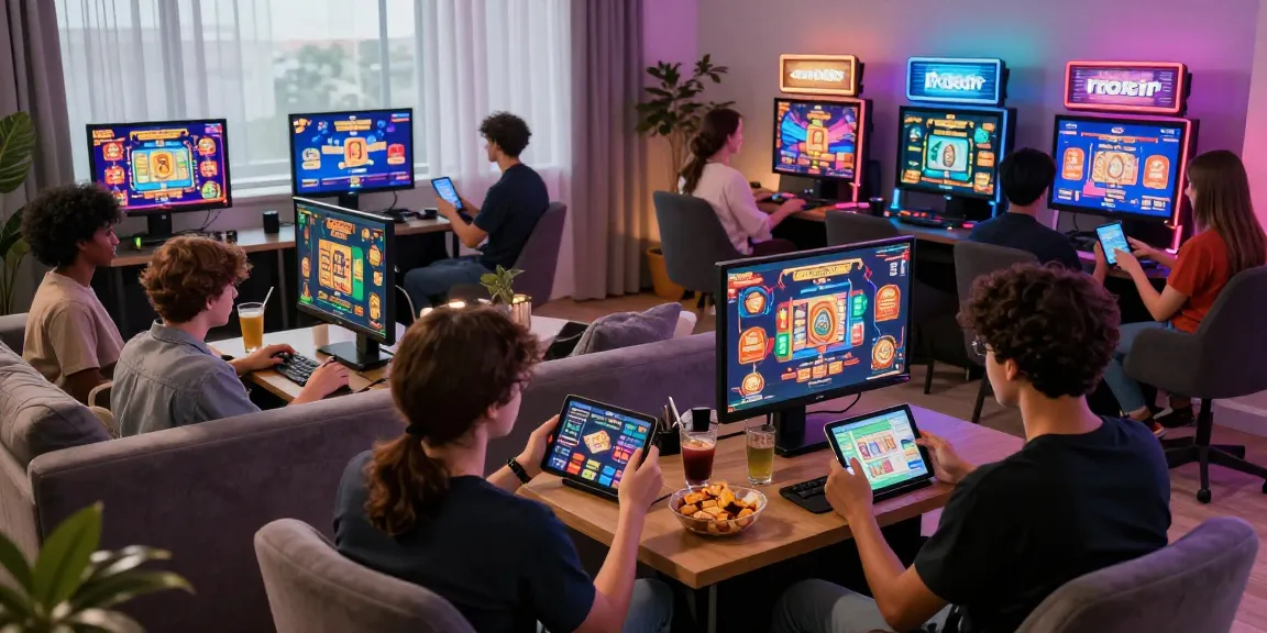 Players enjoying interactive online games on rokok88, featuring digital slot machines and card games in a vibrant living room.