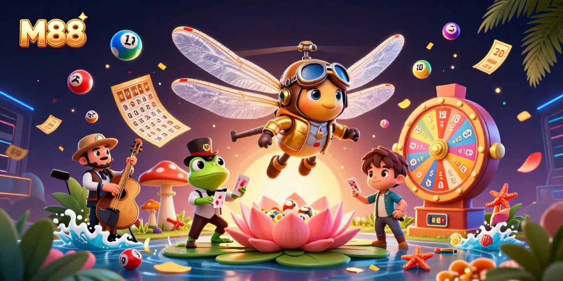 A bustling scene at M88 casino with a dragonfly helicopter pilot, a frog croupier, and vibrant game elements.