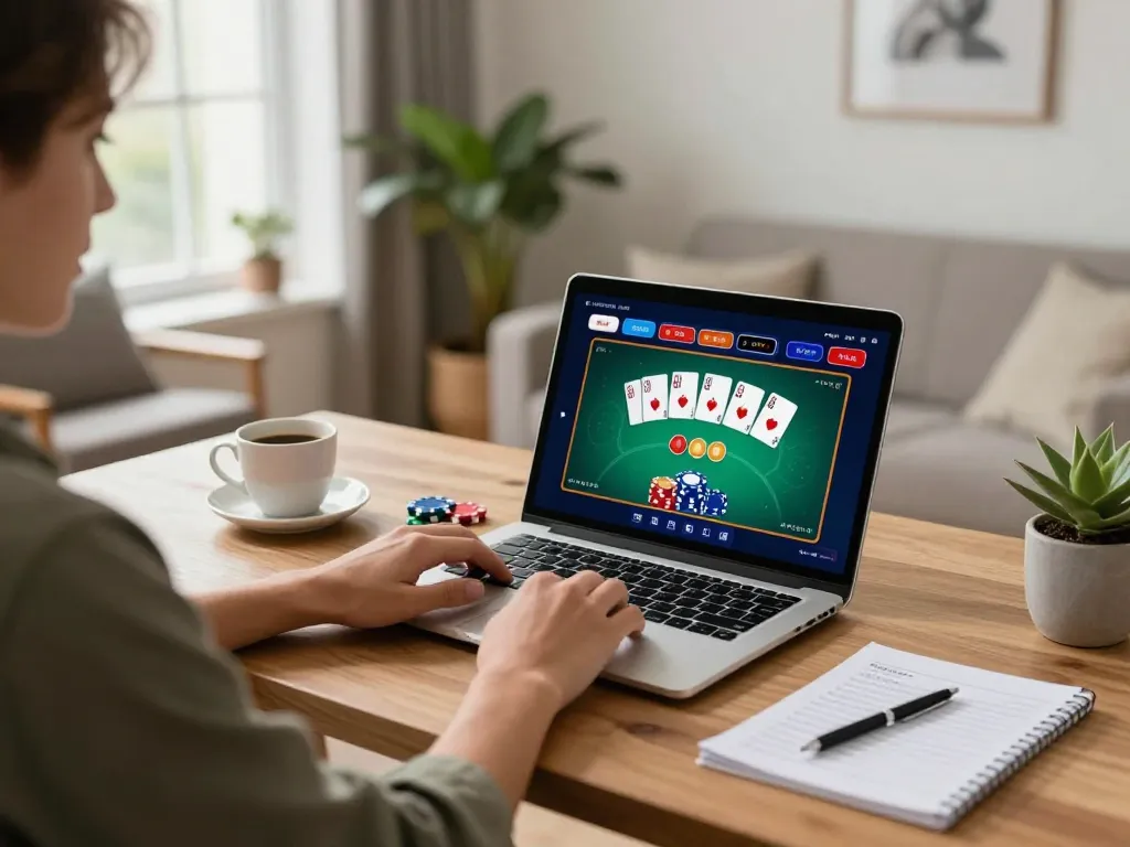 Player enjoying an online poker game at home using cm88-bet on a laptop with strategy notes visible.