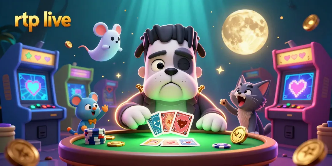Experience the thrill of rtp live with a unique 3D gambling scene featuring a Frankenstein bulldog dealer.