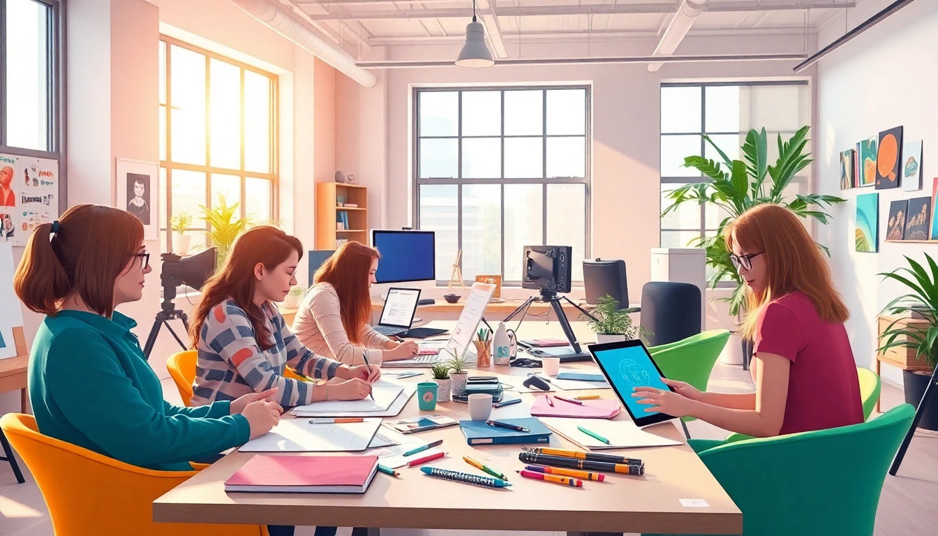 Animationsagentur team collaborating creatively in a bright studio space.