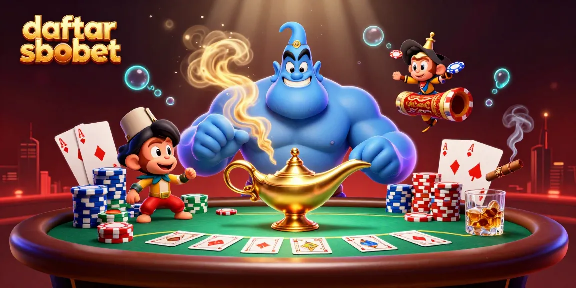 Experience the thrill of daftar sbobet with a magical genie and poker chips in this vibrant casino scene.