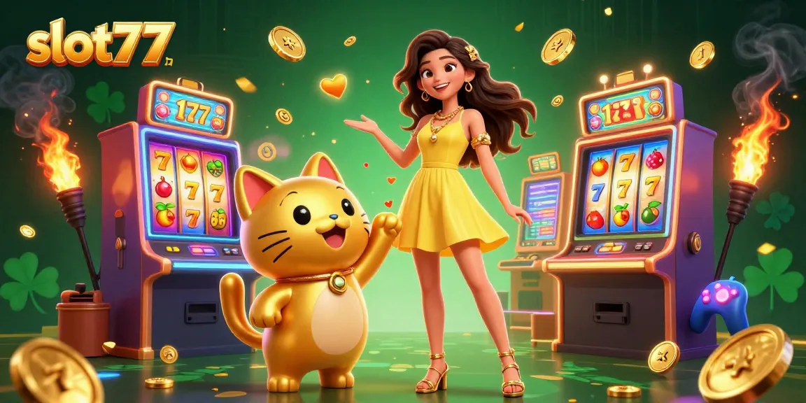 Experience exciting gameplay at slot77 with vibrant slot machines and a cheerful lucky cat mascot.