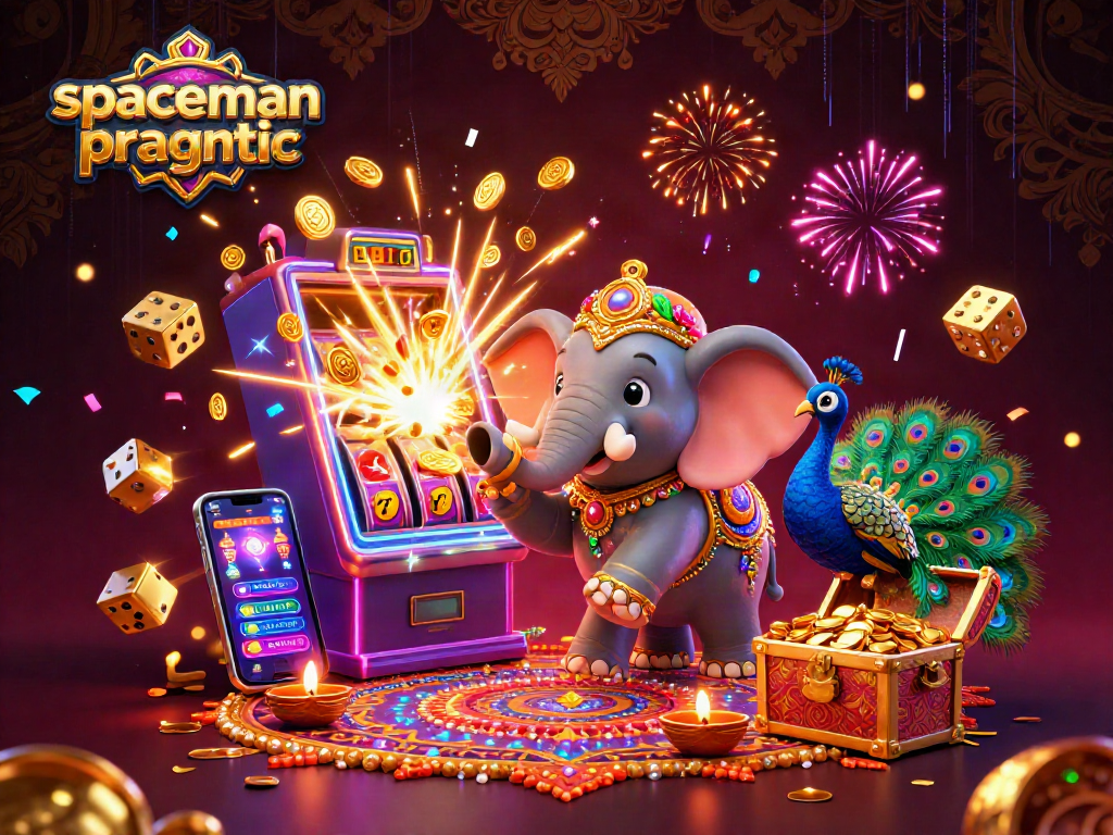 Experience thrilling action with spaceman pragmatic as floating slot symbols burst from a jackpot explosion around a colorful 3D elephant scene.