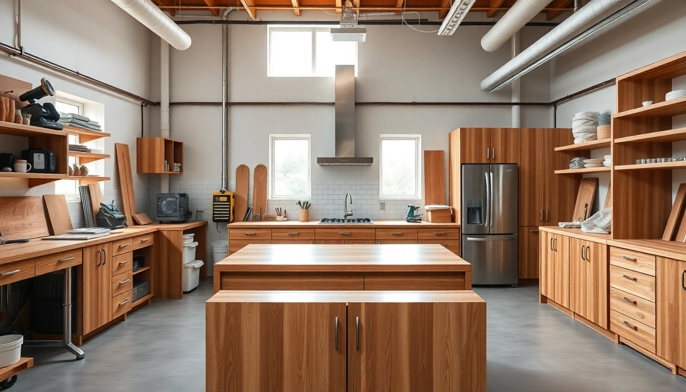 Cabinet Refacing Saint Petersburg FL showcasing a modern workshop with sleek cabinets and tools.