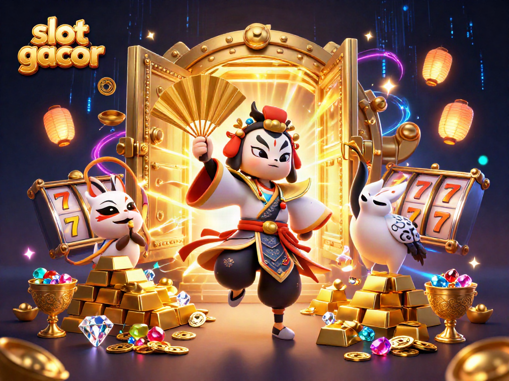 Spin slot gacor reels with kabuki warriors and treasure in a vibrant casino scene.