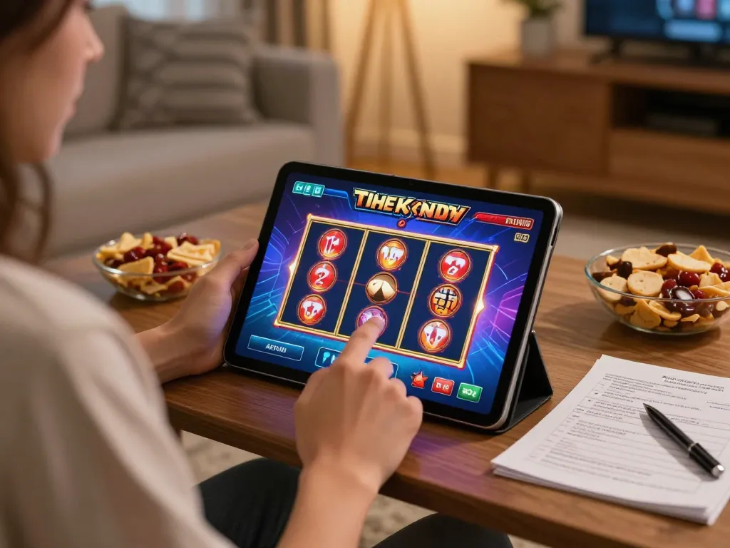 Engaging in mobile gaming with a slot deposit 10rb feature displayed on a tablet in a cozy home setting.