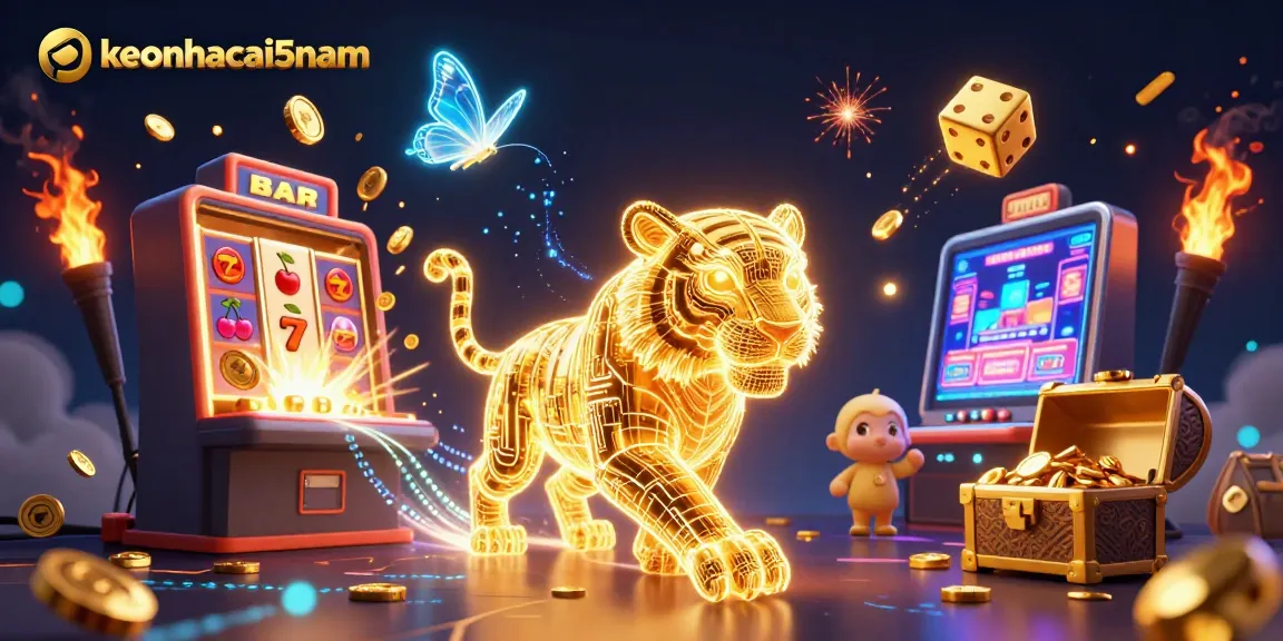 Engage with keonhacai5nam's vibrant online casino scene featuring a golden tiger amidst dynamic gaming elements.