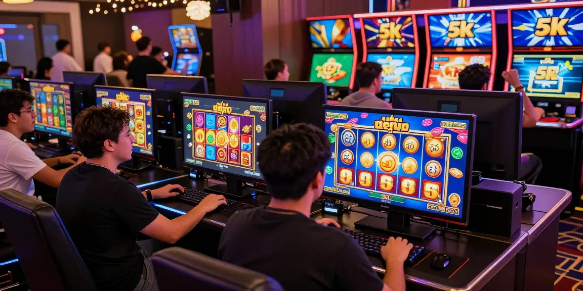 Engaging players in a slot depo 5k online gaming session, showcasing vibrant graphics and winning excitement.