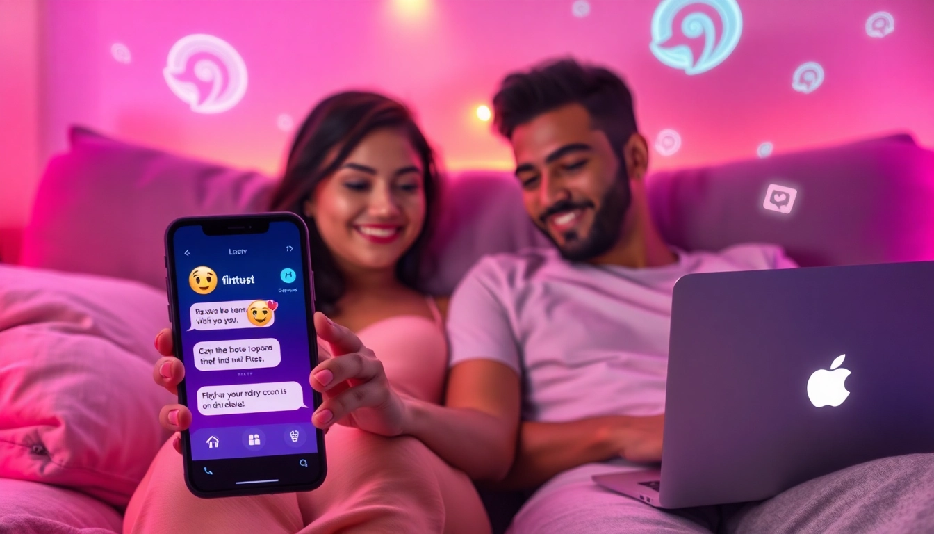 AI sexting interaction with futuristic devices and intimate atmosphere.