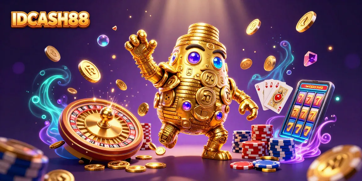 Play thrilling games on IDCASH88 with dazzling golden golem surrounded by winning symbols and coins.