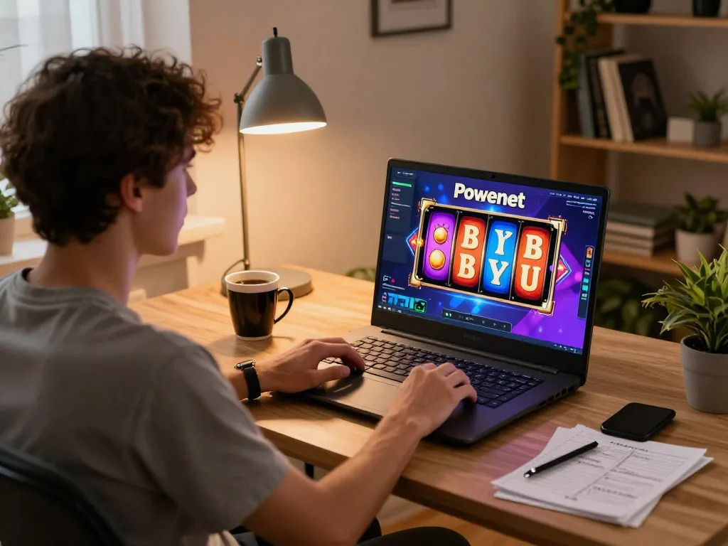 Engaged player enjoying the powernet slot on a laptop at home, showcasing strategic and responsible gaming.
