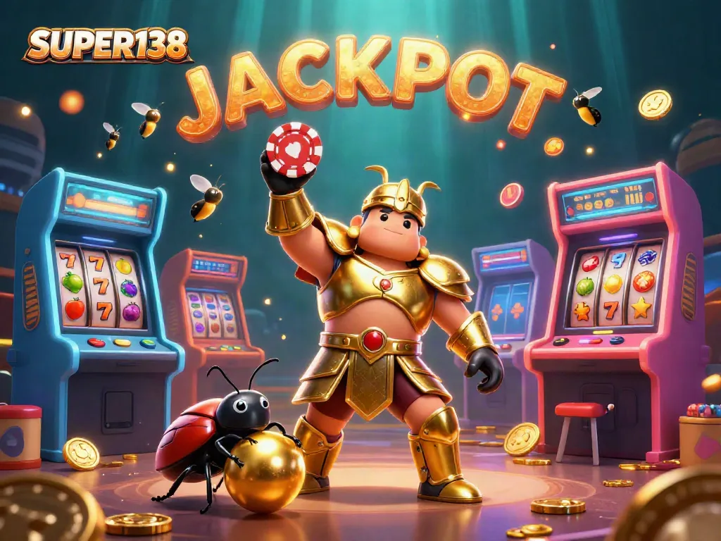 Experience the thrill of SUPER138 with a vibrant scene of cartoon beetles and jackpot excitement.