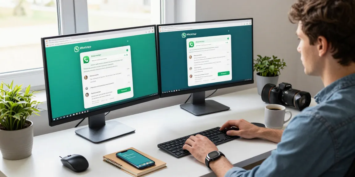 Using WhatsApp電腦版 on a desktop computer in a modern workspace with natural light and tech elements