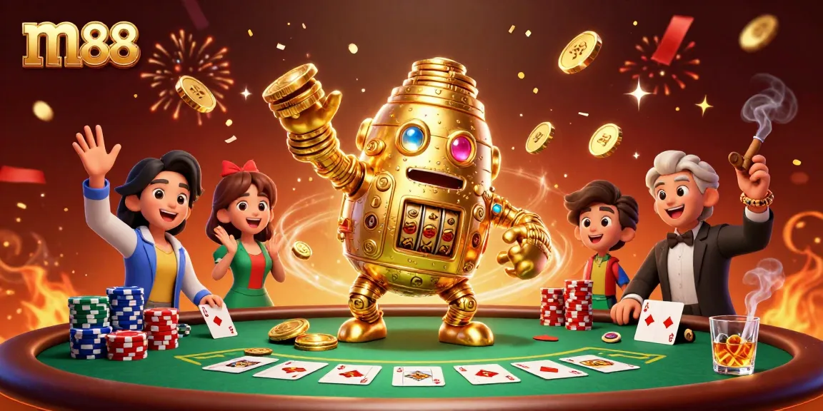 Engage with m88's thrilling casino experience featuring a golden golem amidst vibrant poker elements.