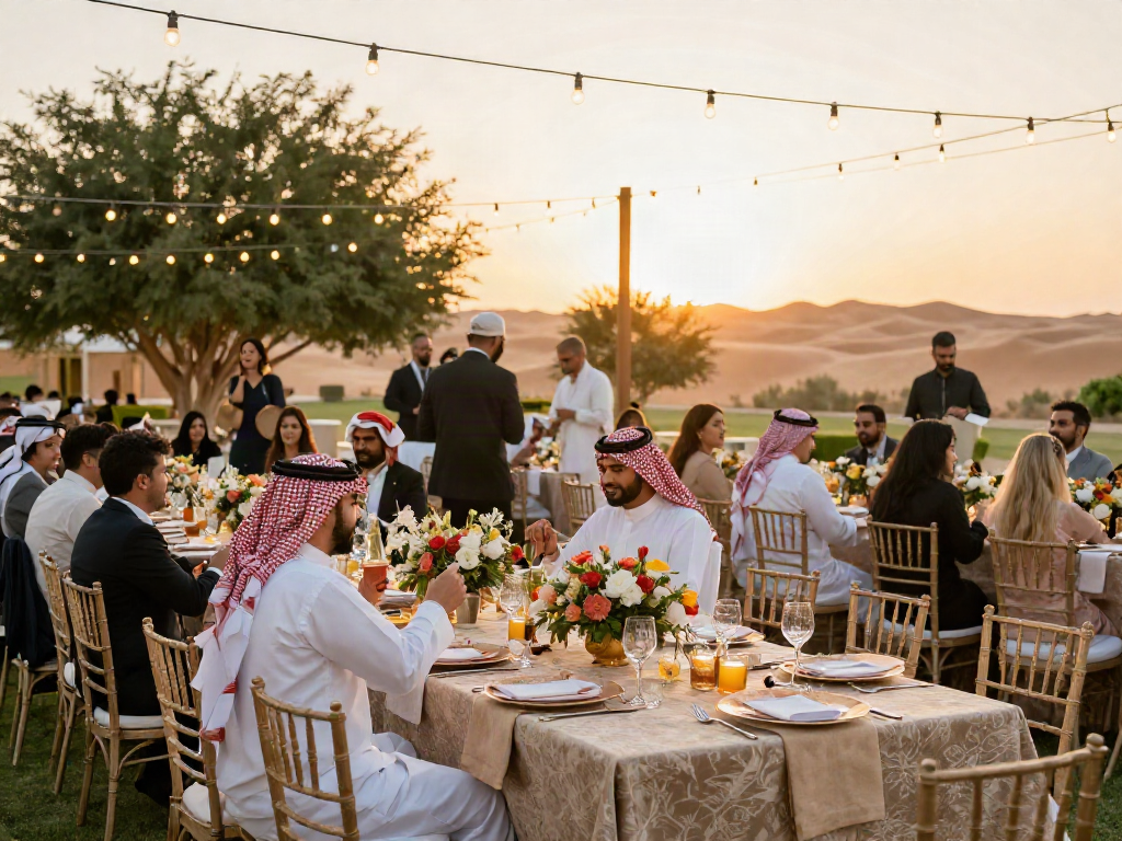 Event rental KSA showcasing an elegant outdoor wedding reception with sophisticated arrangements and joyful guests.