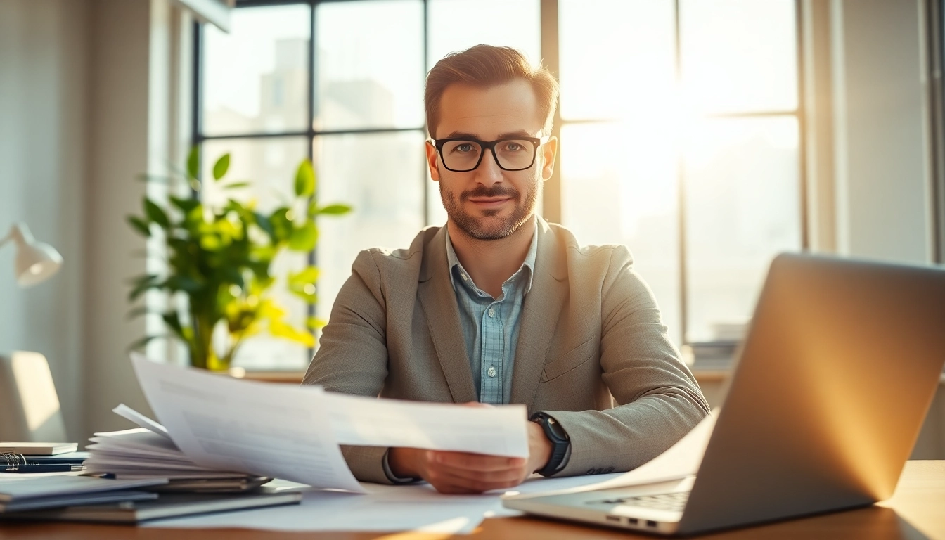 Experienced tax consultant in Kenya analyzing financial documents in a bright office.