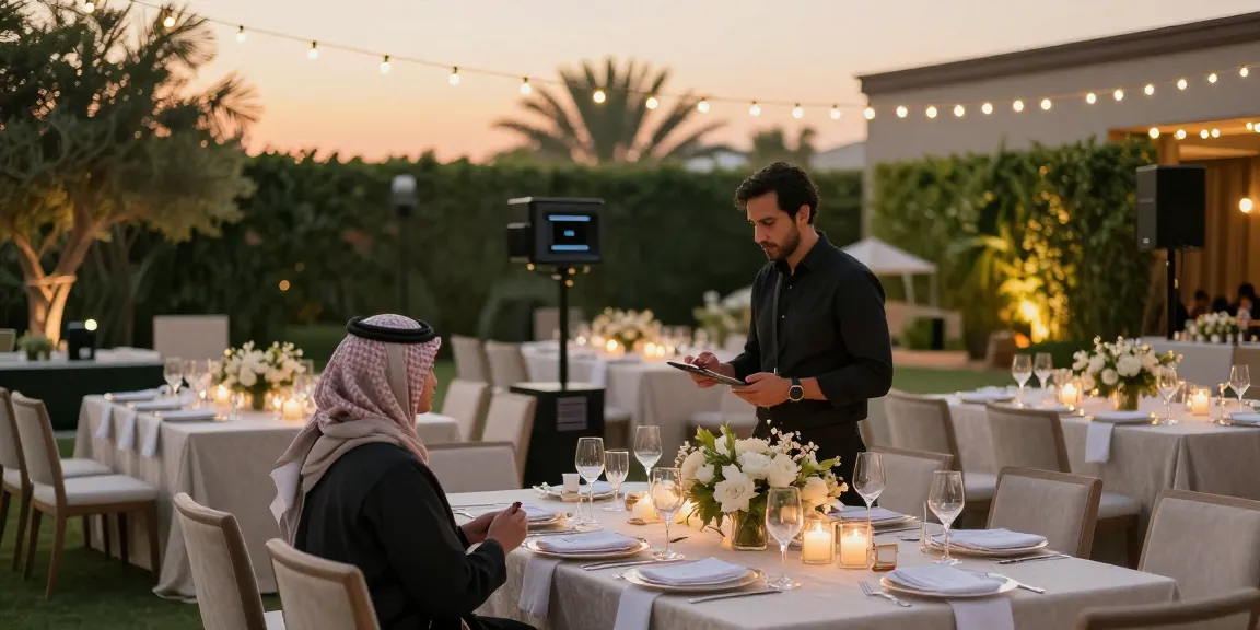 Event rental ksa: Luxurious outdoor event setup showcasing tables and AV equipment for high-end gatherings.