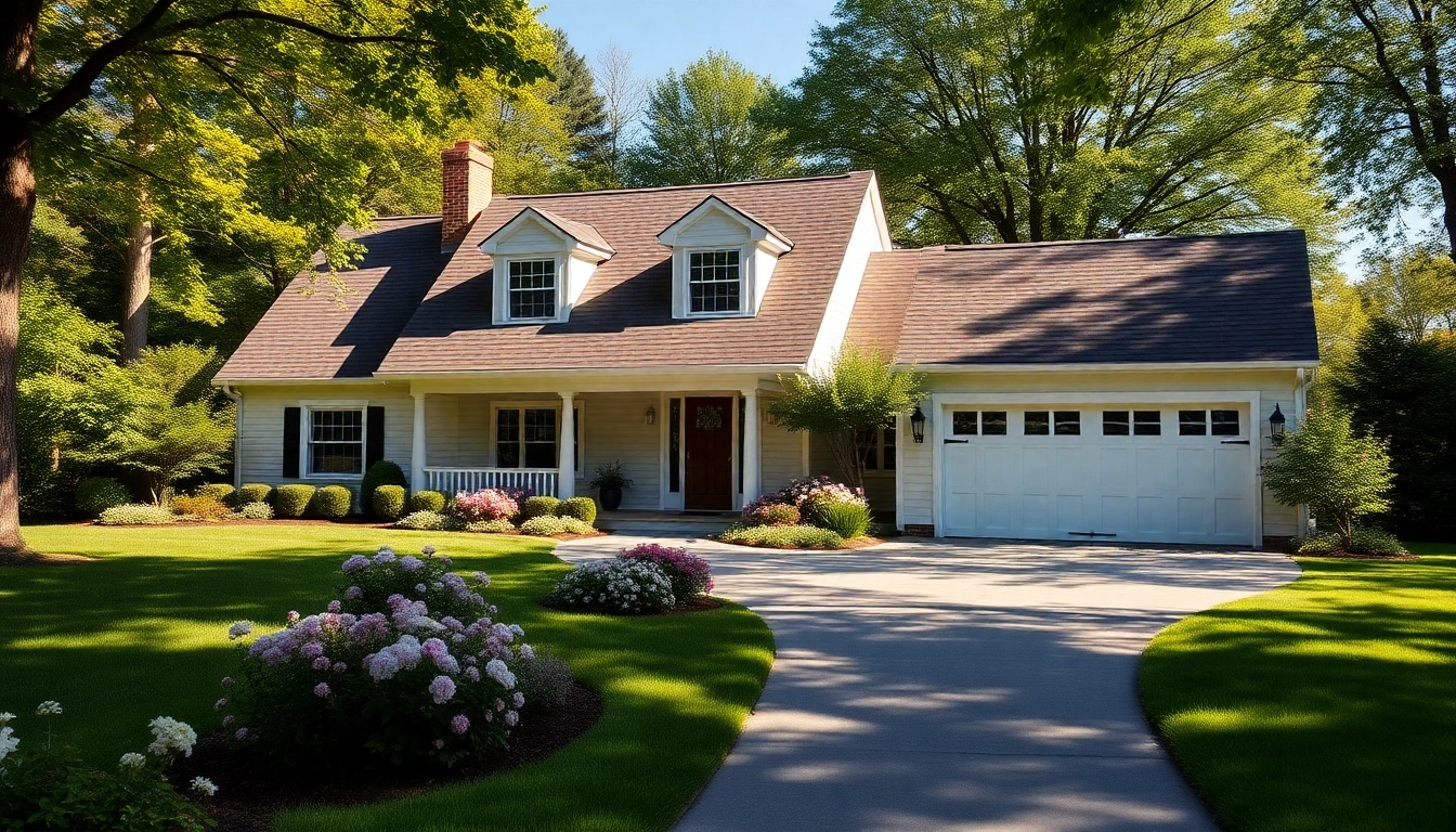 Cape Cod home showcasing a stunning attached garage and beautiful landscaping.