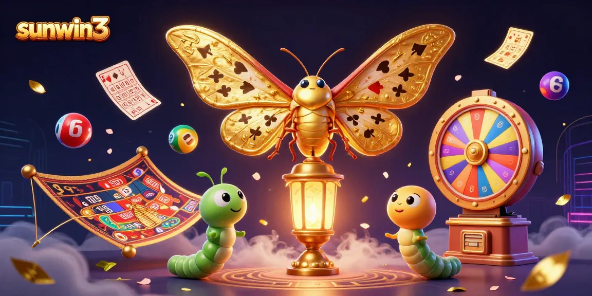 Engage with thrilling games at sunwin3, featuring a majestic 3D moth amidst a vibrant casino scene.