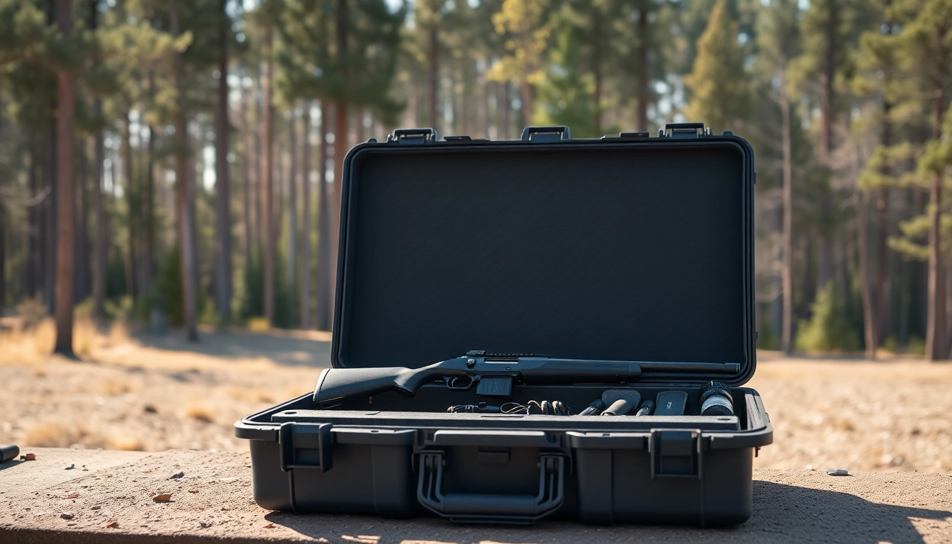 Showcasing a pelican rifle case opened in a scenic forest setting, highlighting its versatility and durability.