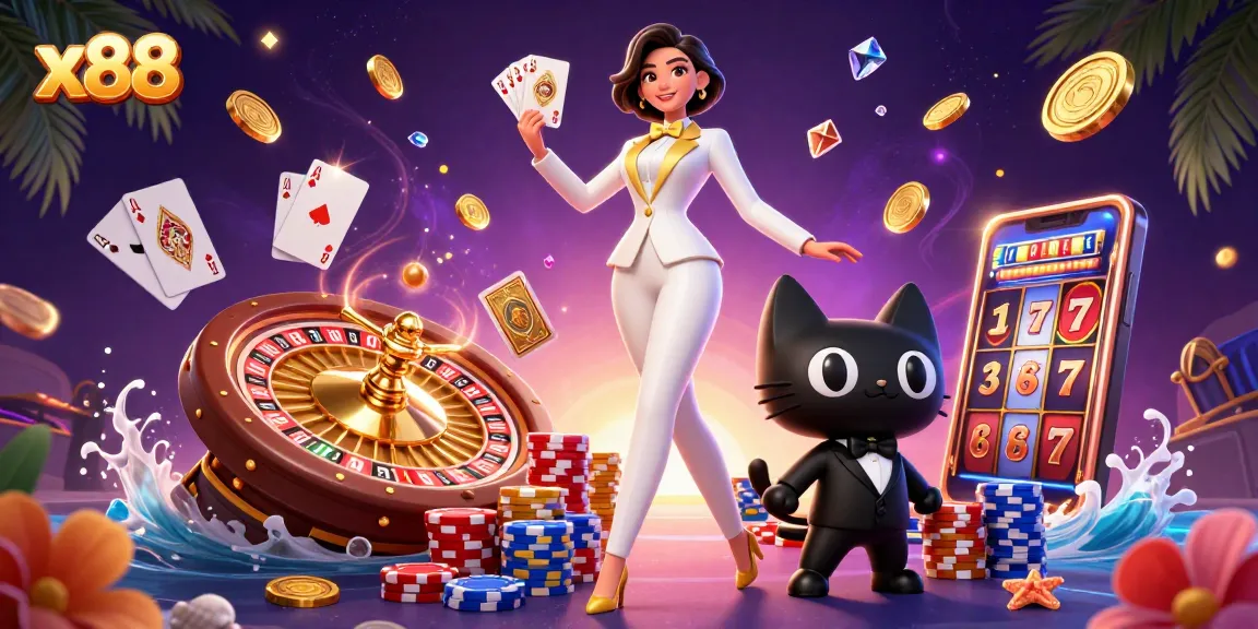 x88 casino offers a vibrant scene featuring a glamorous woman with a golden deck of cards amidst dazzling elements.