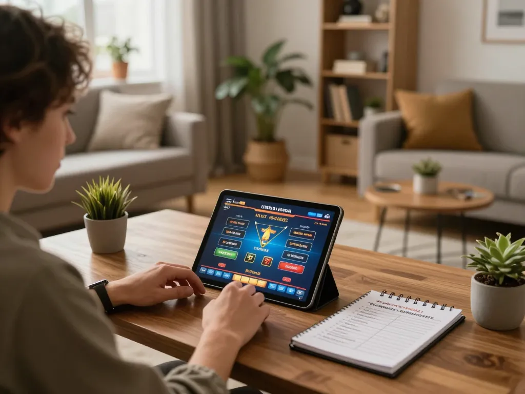 Engaging moment at vip99win, showcasing an online gambling session on a tablet amidst warm home decor.