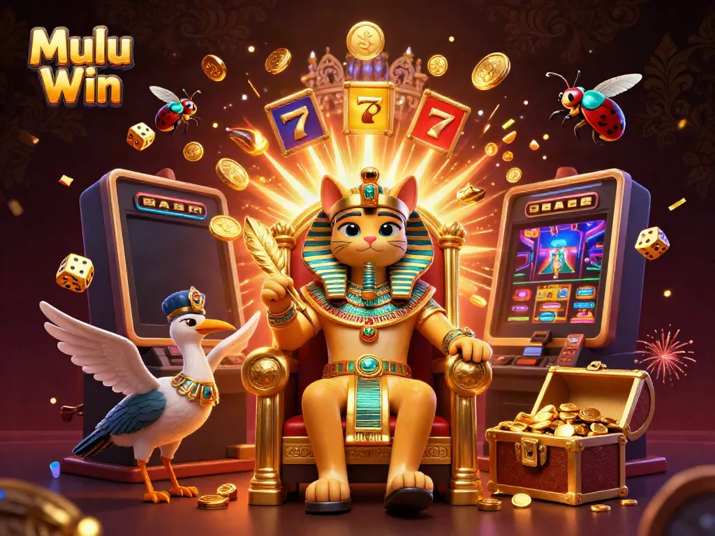 Experience the excitement of Mulu Win with vibrant gaming elements and majestic characters in a dynamic casino scene.