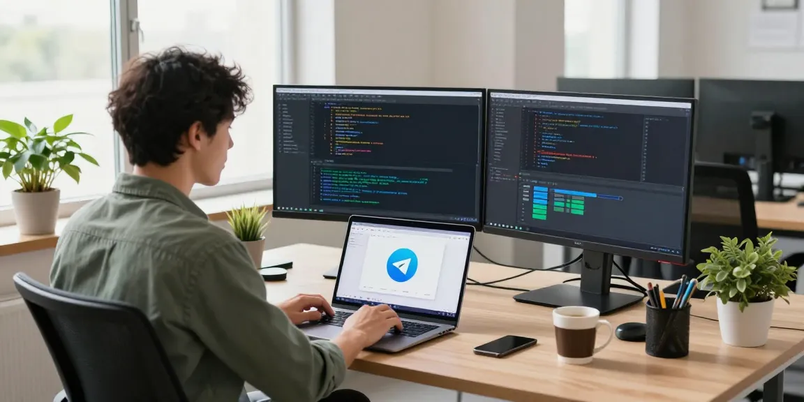 Developer using telegram中文版下载 interface on modern workspace setup with dual monitors.