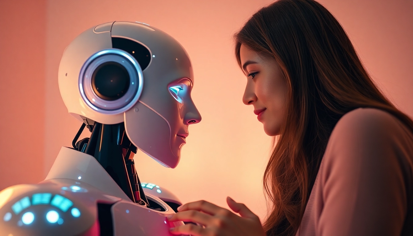 Interactive experience between a human couple and an AI robot, emphasizing ai sex in a futuristic setting.