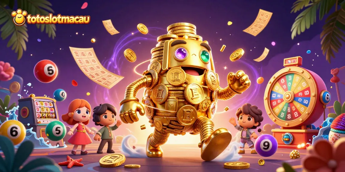 Experience thrilling gameplay at totoslotmacau with a dynamic scene featuring slot machines and colorful lottery elements.