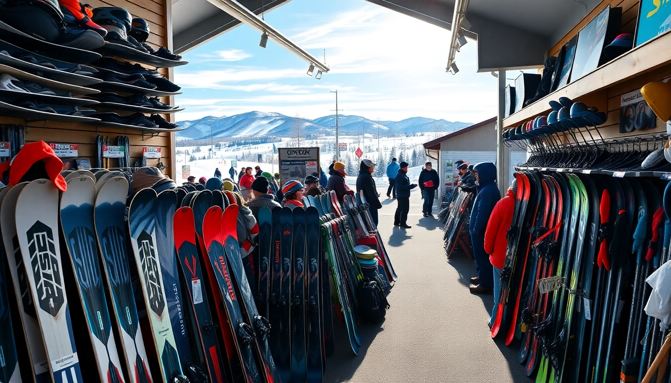 Shop for ski equipment at the ski shop Gunstock Mountain Resort, NH with vibrant winter gear.