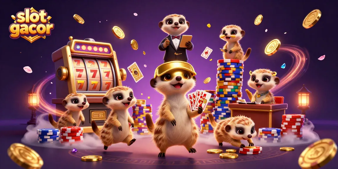Experience thrilling slot gacor action with meerkats running a vibrant casino filled with golden coins and slot reels.