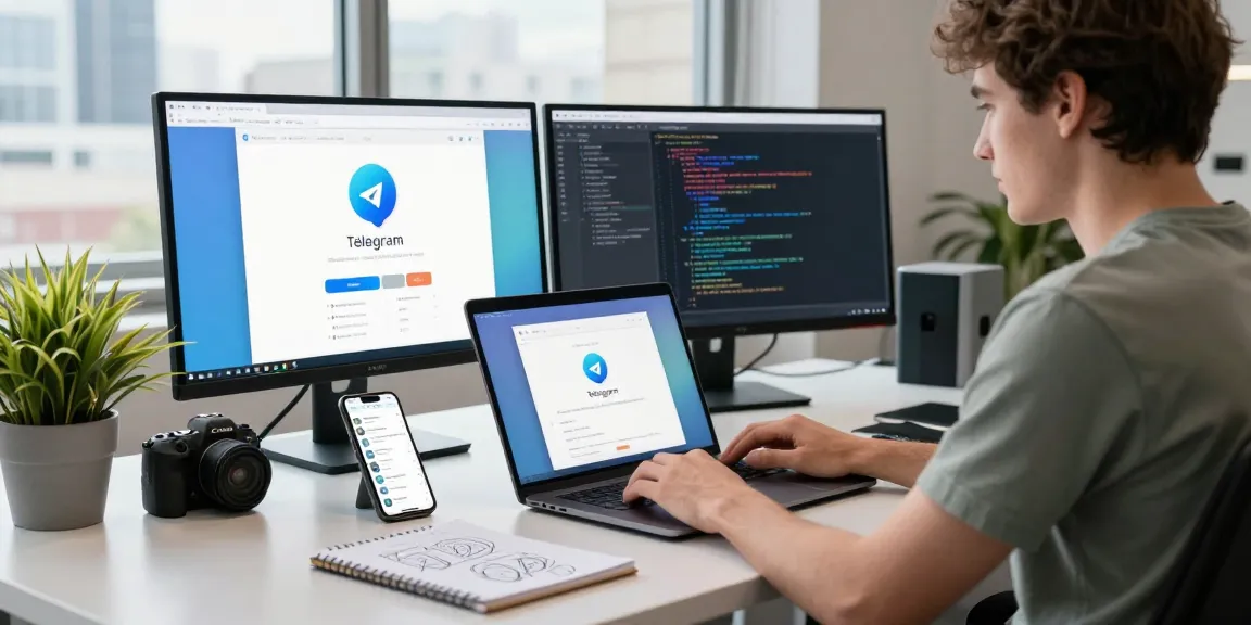 Focused individual downloading telegram中文版下载 in a modern workspace with multiple screens.