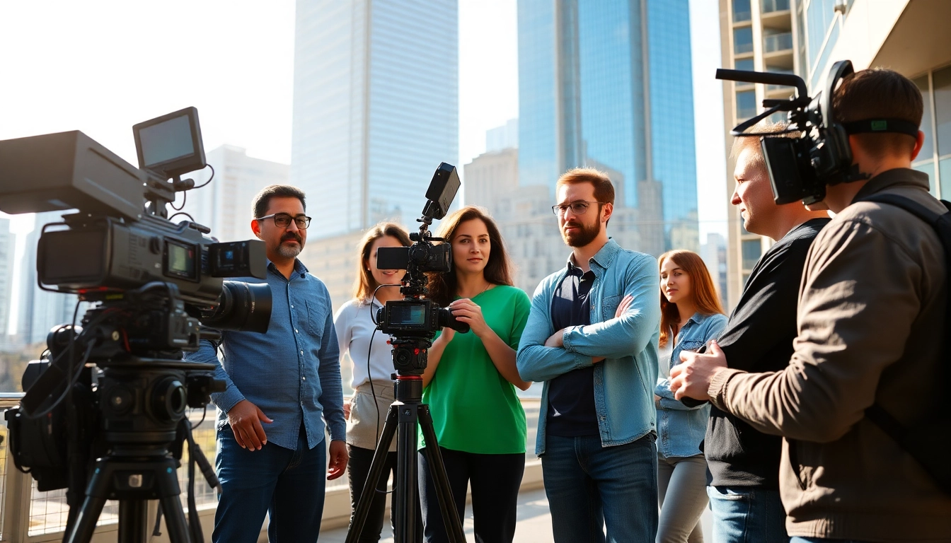 Creative Video Production Agency team collaborating on a video shoot in an urban environment.