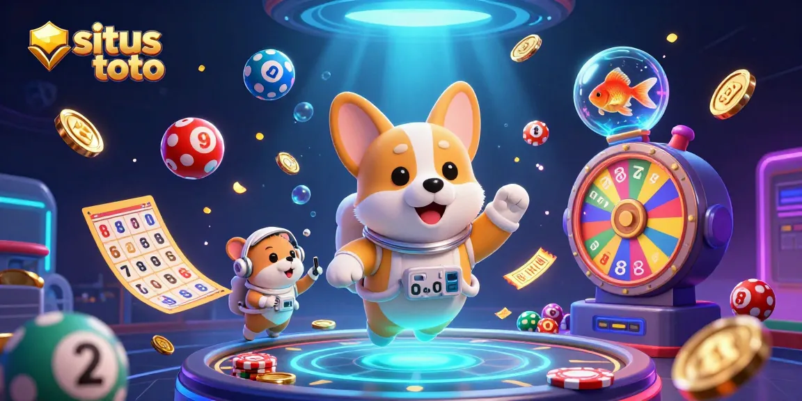 Situs toto showcases a playful space casino scene with astronaut corgi and gaming elements.